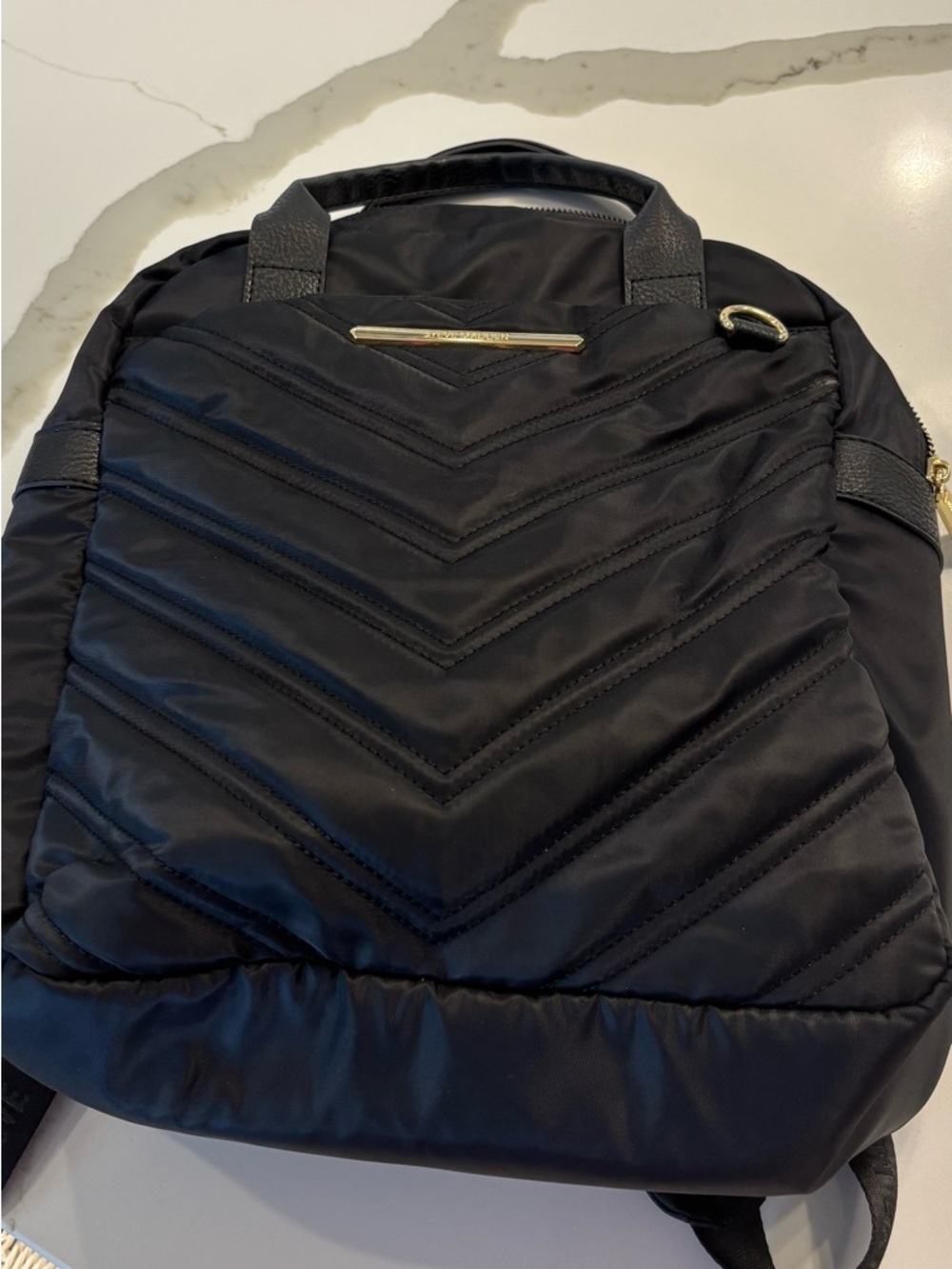 Steve Madden Black Quilted Chevron Backpack - Gold Accent